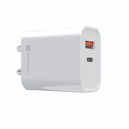 Portronics Adapto 45 22.5W Max Output USB & Type-C Dual Output Super Fast Charger,Wall Adapter Power Delivery 3.0& USB A Fast Charge Adaptor for iPhone,Android & Other Type C Enabled Devices, (White | Black)