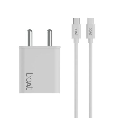 Boat WCDV 22.5W Dual Port Fast Charger, Overheat/Overcharge Protection, Auto Detection for Samsung, Xiaomi & Android Users with Type C to Type C Cable, (White)