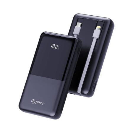 pTron Dynamo Power 20000mAh 22.5W Super Fast Charging, USB Type-C Input Power Bank with Quick Charge & 20W Power Delivery, Built-in Charging Cables, 4 Outputs, Type-C Input/Output Port | Jet Black