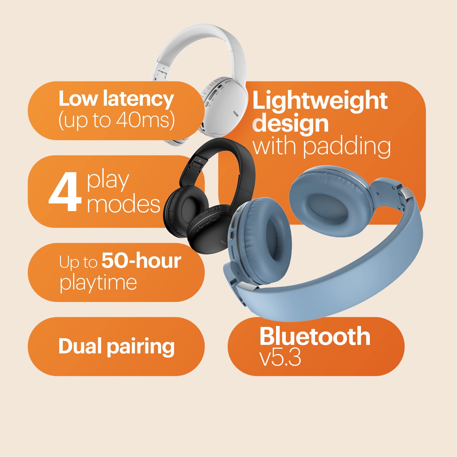 Noise Two Wireless On Ear Headphones with 50 Hours Playtime, Low Latency(up to 45ms), 4 Play Modes, Dual Pairing, BT v5.3, (Bold Black | Serene Blue | Calm White) - Image 16