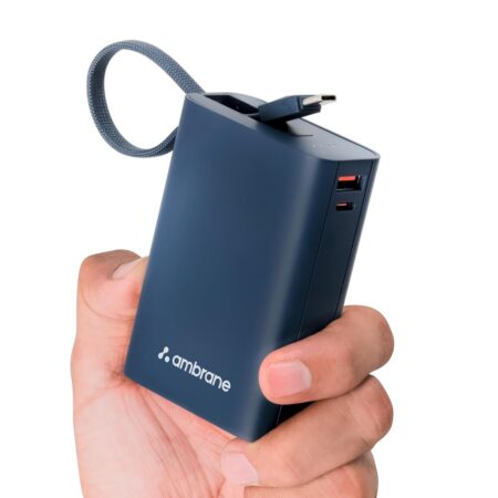 Ambrane 20000mAh Pocket Size Power Bank with Inbuilt Type-C Cable, 22.5W Fast Charging, Type-C PD & USB Output, Portable Mini Powerbank for iPhone, Android & Other Devices | MiniCharge 20 (Black | Blue)