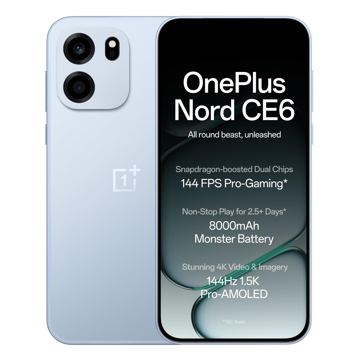 OnePlus Nord CE6 | 8GB+128GB | Lunar Pearl | Snapdragon 7s Gen 4 | Segment's Fastest Touch Response | 8000mAh Battery | 144Hz 1.5K AMOLED Display | 50MP Main + 32MP Selfie 4K Cameras | IP66,68,69,69K (Lunar Pearl | Fresh Blue | Pitch Black)