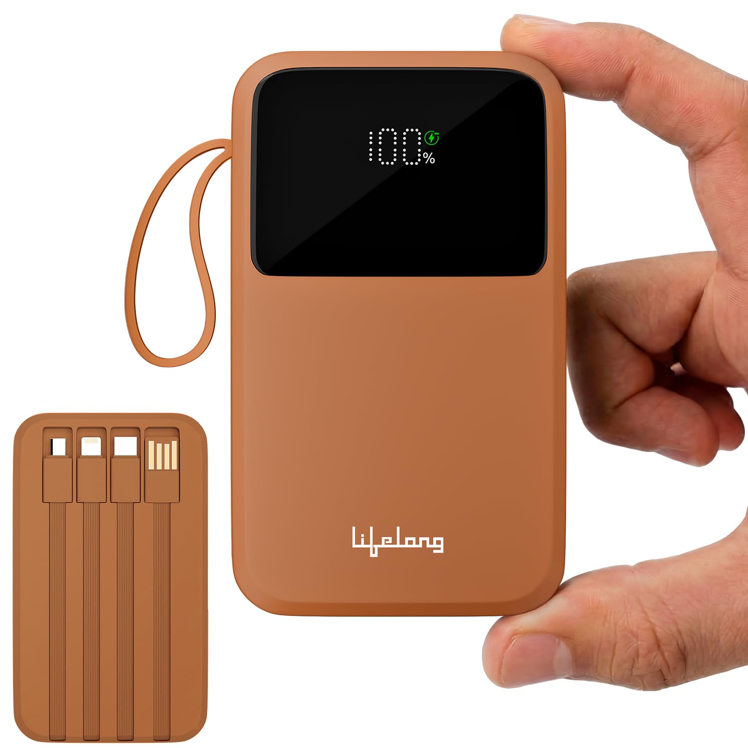 Lifelong Electronics 20000mAh 22.5W Fast Charging Power Bank | 3 Inputs (1 Built-in USB A Cable + 1 C + 1 Lightning Port) & 6 Outputs (3 Built-in Cables + 1 C + 2 A Port) | Small Pocket Size Powerbank (Blue | Olive Green | Rust Orange) - Image 3