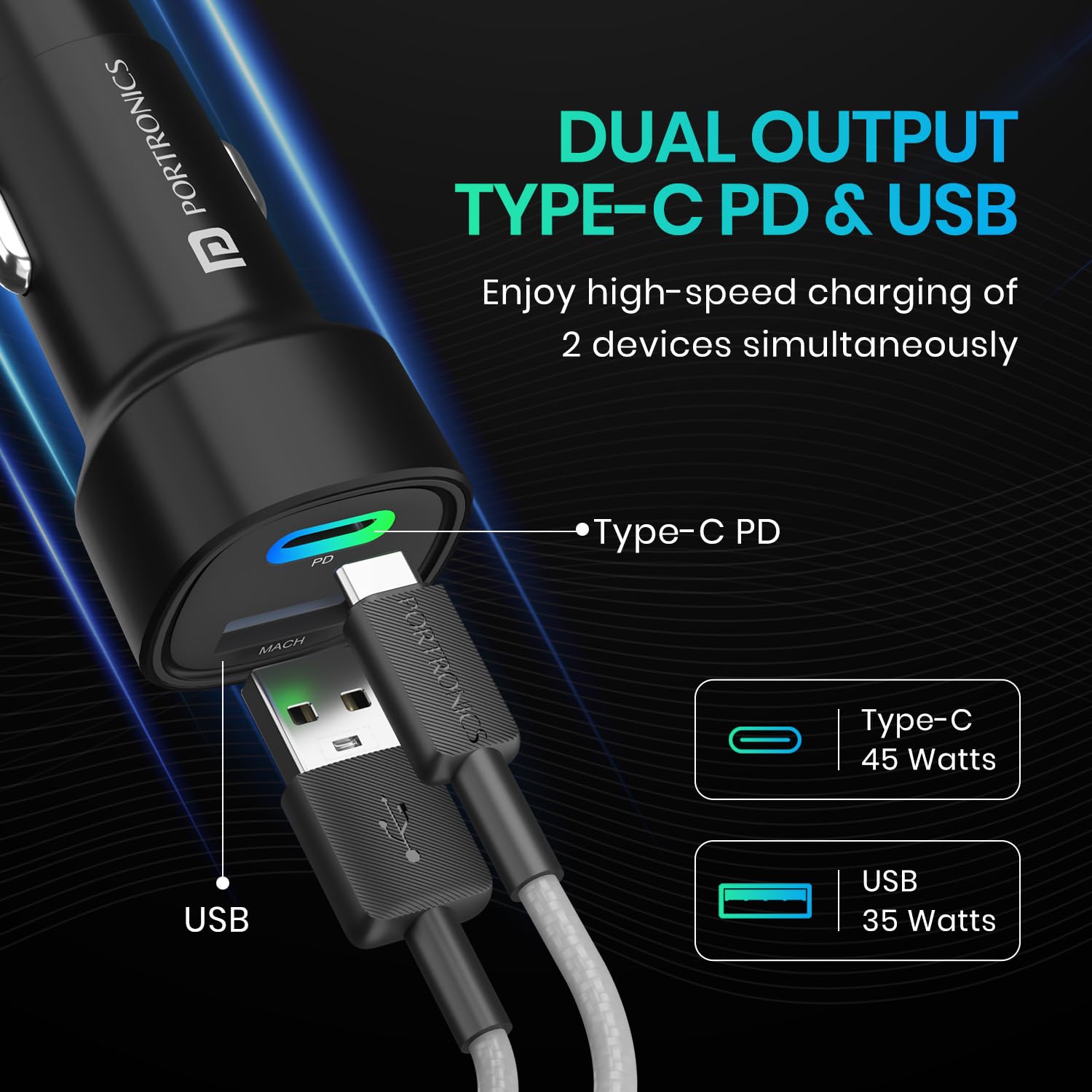 Portronics 80W Dual Output Fast Car Charger with Type-C PD & USB, LED Indicator, Charging Adapter Compatible with Cars for iPhone & Android Smartphone, Smartwatch, Earbud, Power Bank (Black), (Black) - Image 7