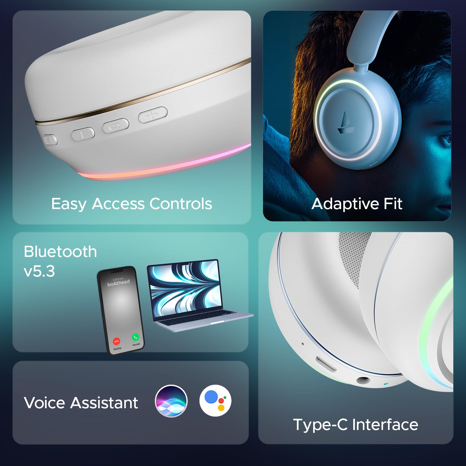 boAt Rockerz 480, RGB LEDs,6 Light Modes, 40mm Drivers,Beast Mode, 60H Battery, ENx Tech, Stream Ad Free Music via App Support, Bluetooth Headphones, Wireless Over Ear Headphone with Mic, (White Sabre | Black Sabre) - Image 5