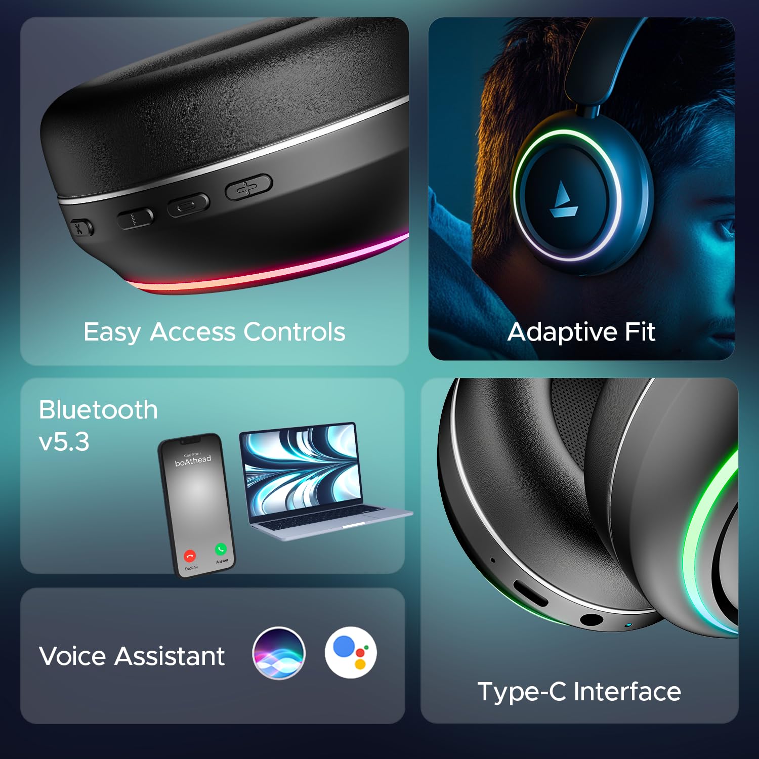 boAt Rockerz 480, RGB LEDs,6 Light Modes, 40mm Drivers,Beast Mode, 60H Battery, ENx Tech, Stream Ad Free Music via App Support, Bluetooth Headphones, Wireless Over Ear Headphone with Mic, (White Sabre | Black Sabre) - Image 4