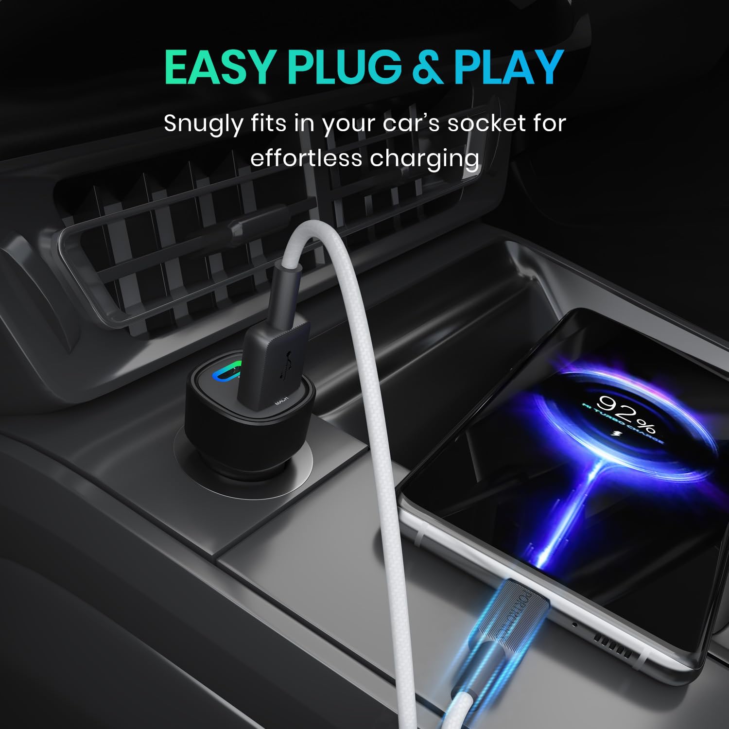 Portronics 80W Dual Output Fast Car Charger with Type-C PD & USB, LED Indicator, Charging Adapter Compatible with Cars for iPhone & Android Smartphone, Smartwatch, Earbud, Power Bank (Black), (Black) - Image 3