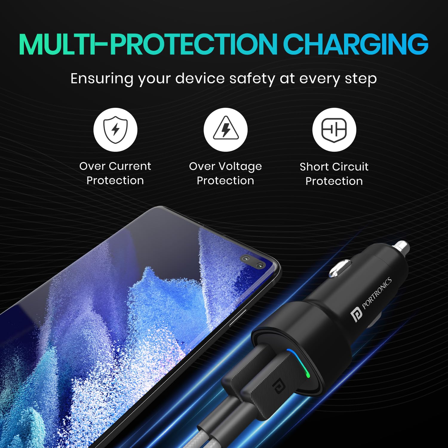 Portronics 80W Dual Output Fast Car Charger with Type-C PD & USB, LED Indicator, Charging Adapter Compatible with Cars for iPhone & Android Smartphone, Smartwatch, Earbud, Power Bank (Black), (Black) - Image 5