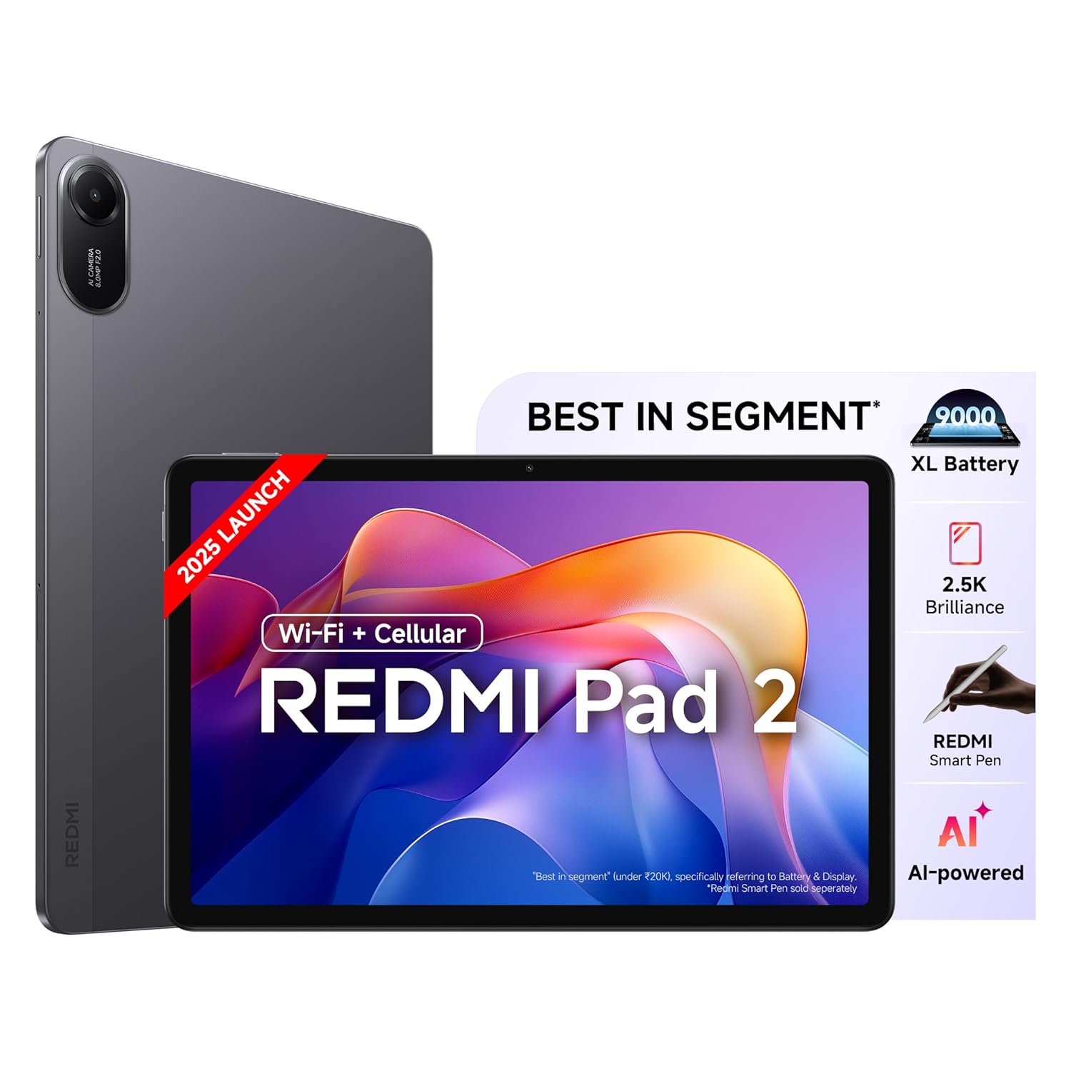 Redmi Pad 2 Wi-Fi + Cellular, Active Pen Support, 27.94cm(11") Model, 2.5K Sharp & Clear Display, 4GB, 128GB, All Day & More 9000mAh Battery, AI-Enabled, Dolby Atmos, HyperOS 2, (Graphite Grey | Sky Blue)