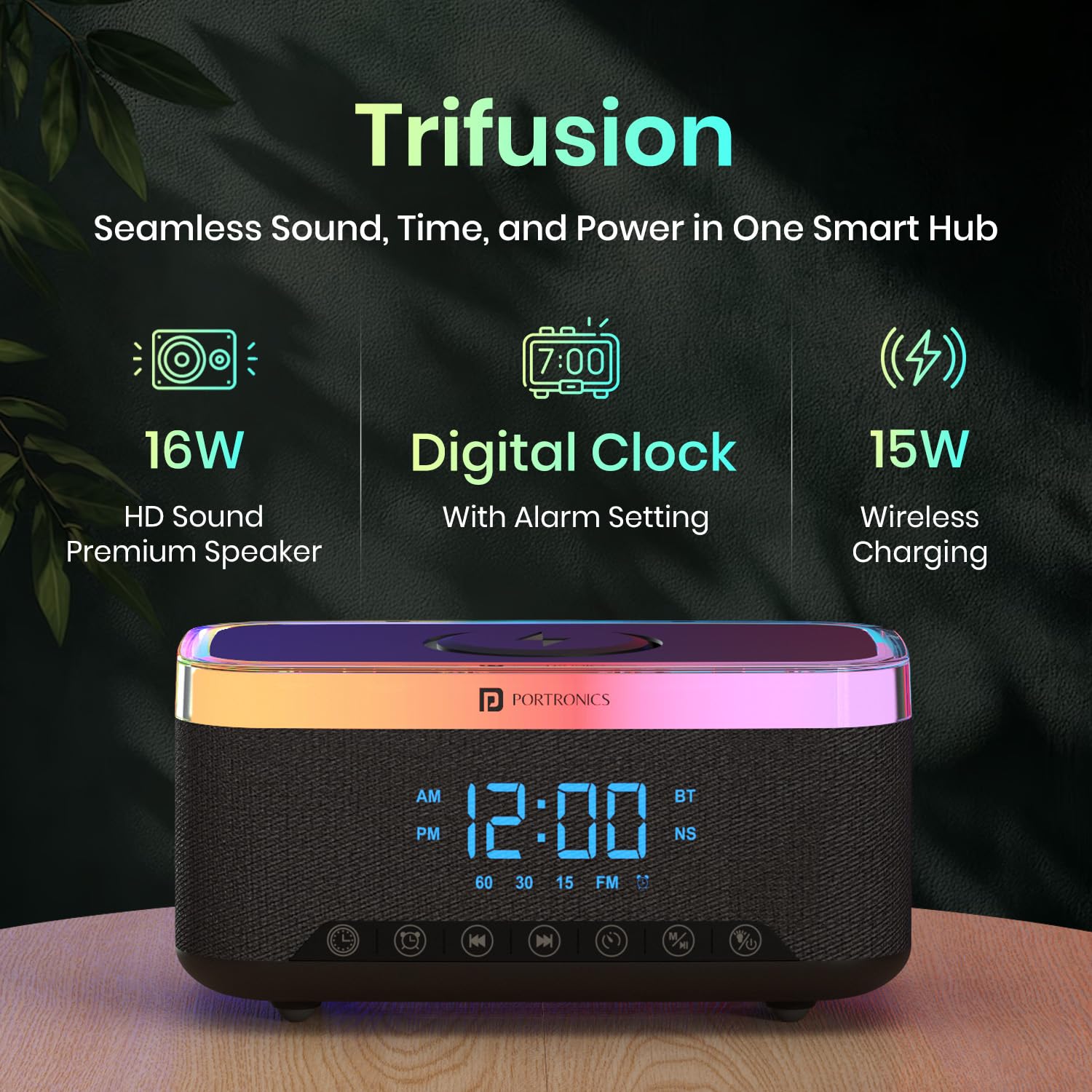 Portronics Trifusion 16W HD Sound Bluetooth Speaker with 15W Wireless Charging, 360°RGB LED Lights, Digital Clock with Alarm Setting, Built-in White Noise, USB/SD Card/AUX in, Type C Charging(Black) - Image 4