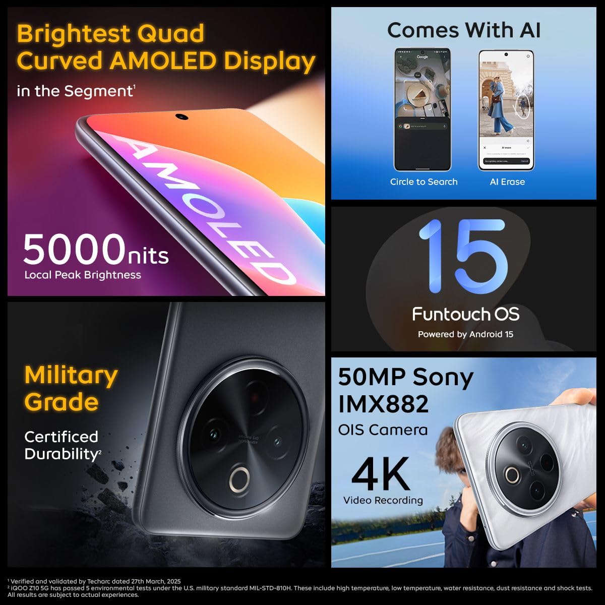 iQOO Z10 5G (8GB RAM, 128GB Storage) | India's Biggest Ever 7300 mAh Battery | Snapdragon 7s Gen 3 Processor | Brightest Quad Curved AMOLED Display in the Segment (Glacial Silver | Stellar Black) - Image 7