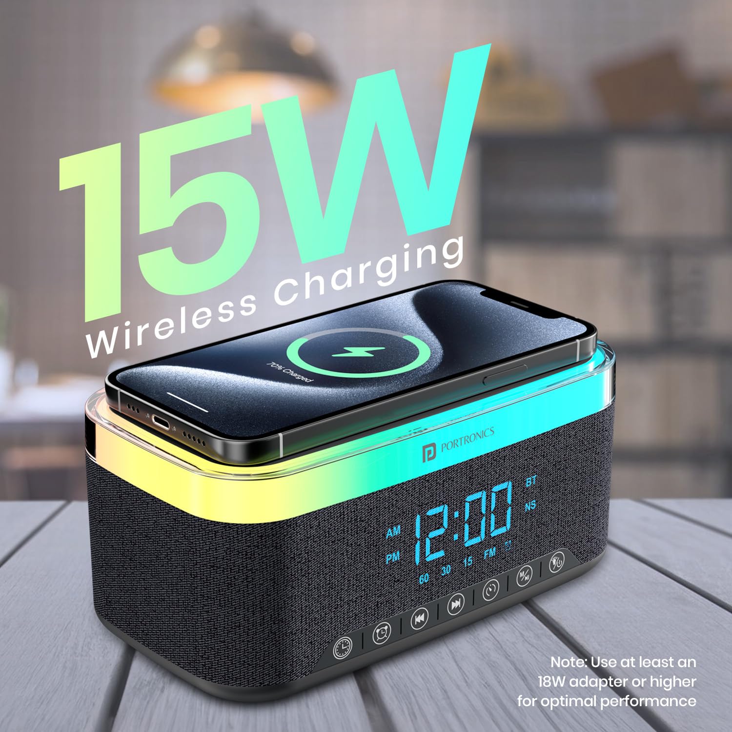 Portronics Trifusion 16W HD Sound Bluetooth Speaker with 15W Wireless Charging, 360°RGB LED Lights, Digital Clock with Alarm Setting, Built-in White Noise, USB/SD Card/AUX in, Type C Charging(Black) - Image 6