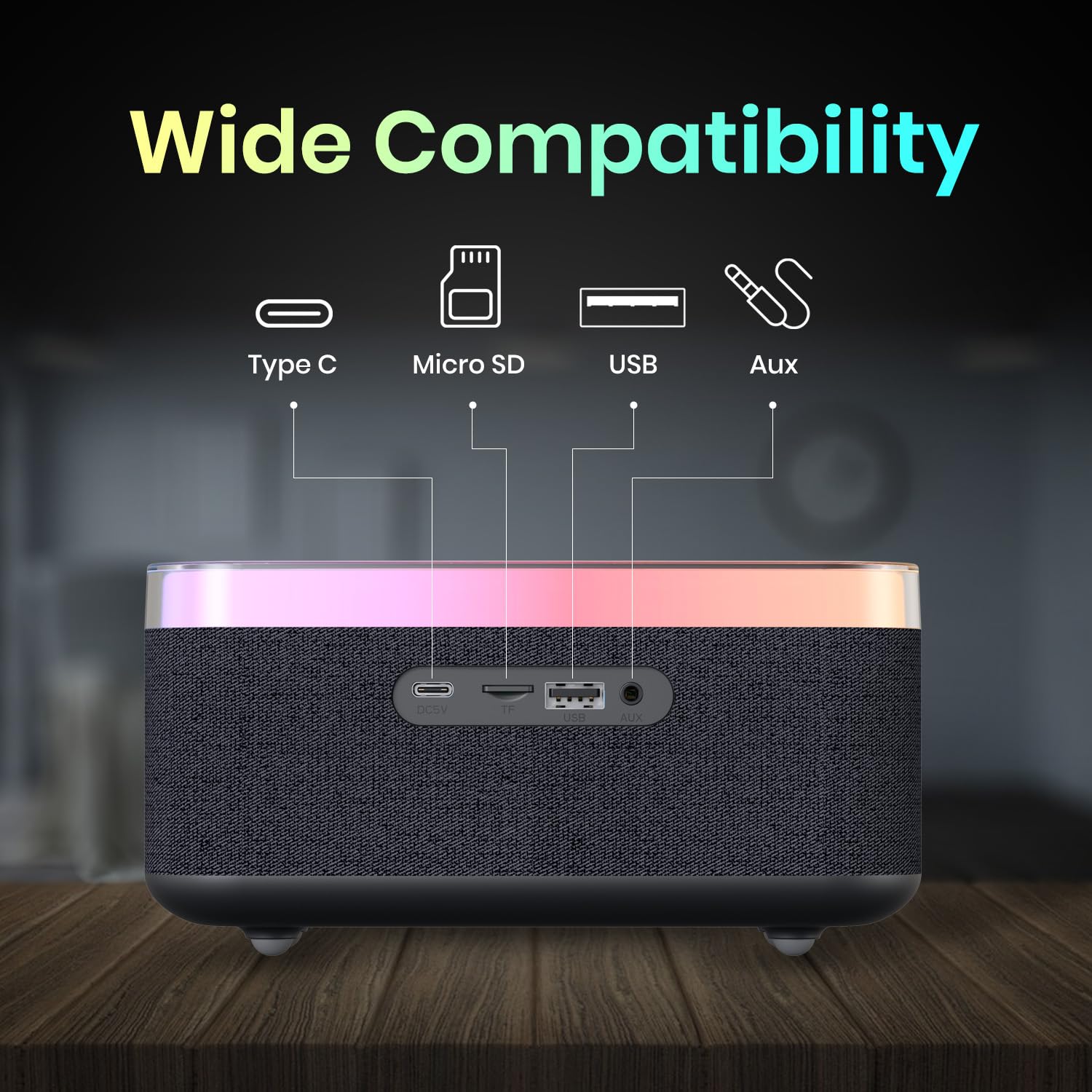 Portronics Trifusion 16W HD Sound Bluetooth Speaker with 15W Wireless Charging, 360°RGB LED Lights, Digital Clock with Alarm Setting, Built-in White Noise, USB/SD Card/AUX in, Type C Charging(Black) - Image 3