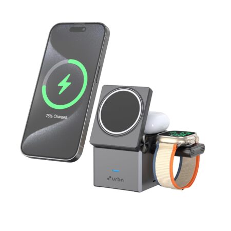 URBN Wireless Charger 3-in-1 MagSafe Charging Stand | Foldable Charger for Apple iWatch, AirPods, iPhone 16/16 Pro/16 Plus/15/15 Pro Max & Qi-Compatible Smartphones, (Qube 3-in-1 Gray | Foldable 3-in-1-BLACK)