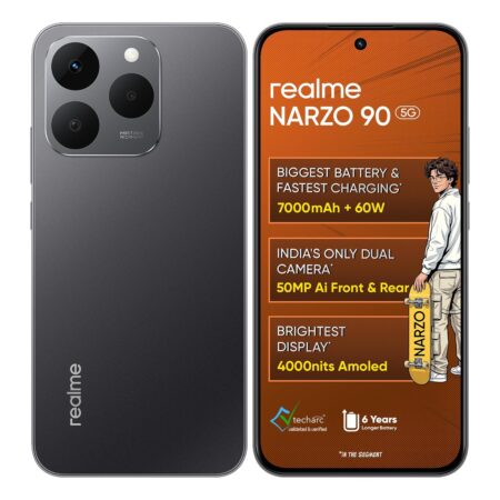 realme NARZO 90 5G (8GB+128GB) | 7000mAh Biggest Battery | 60W Fastest Charging | 50MP Front & Rear AI Cameras | 4000nits Brightest Display | AI Assist | IP69 Dust & Water Resistance (Carbon Black | Flowing Silver)